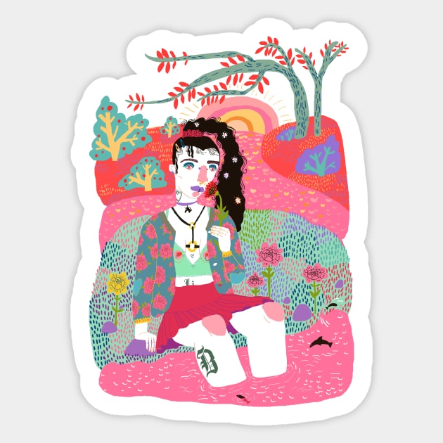 Girl sitting alone in the grass by the river Sticker by ezrawsmith